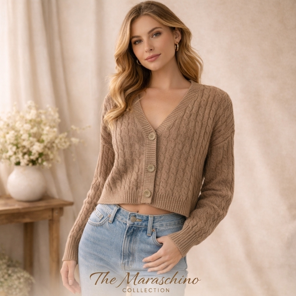 Hollister Brown Cropped Cable Knit Cardigan | Small